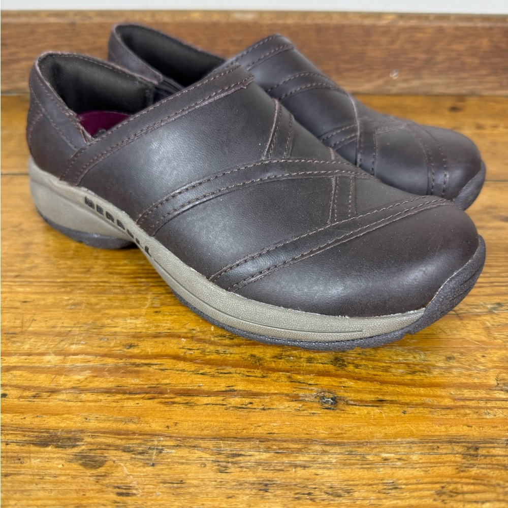 Merrell Jovilee Lattice Leather Clogs‎ Women Size 5 Brown Comfort Work Slip On